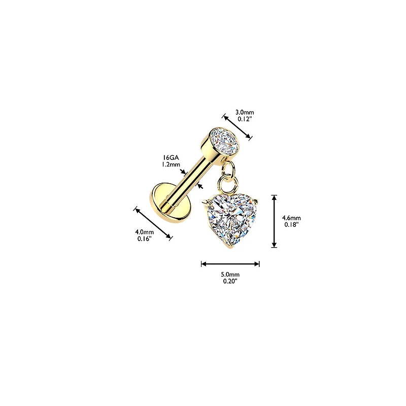 316L Surgical Steel Gold PVD White CZ Heart Dangle Internally Threaded Flat Back Labret