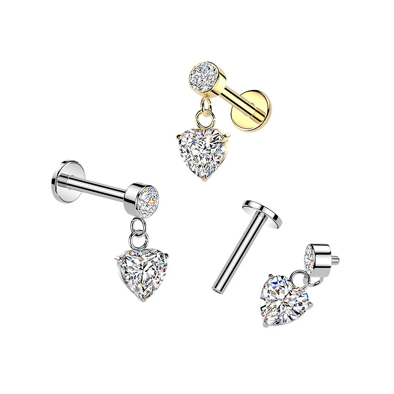 316L Surgical Steel White CZ Heart Dangle Internally Threaded Flat Back Labret