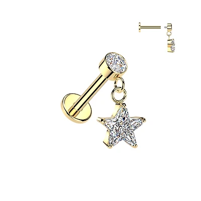 316L Surgical Steel Gold PVD White CZ Star Dangle Internally Threaded Flat Back Labret