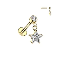 316L Surgical Steel Gold PVD White CZ Star Dangle Internally Threaded Flat Back Labret