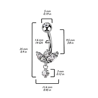 316L Surgical Steel White CZ 3 Petal Flower With Single Gem Dangle Belly Ring