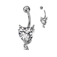 316L Surgical Steel Devil Horns White CZ Heart Belly Ring