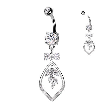 316L Surgical Steel White CZ Bow & Vine Dangle Belly Ring