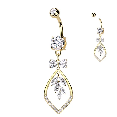 316L Surgical Steel Gold PVD White CZ Bow & Vine Dangle Belly Ring