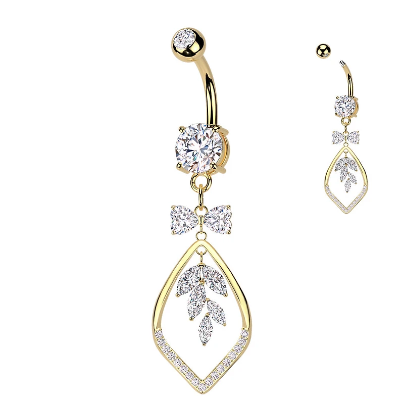 316L Surgical Steel Gold PVD White CZ Bow & Vine Dangle Belly Ring