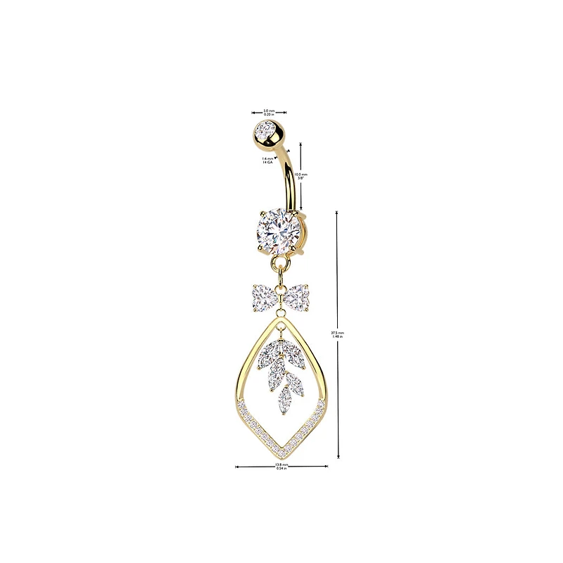 316L Surgical Steel Gold PVD White CZ Bow & Vine Dangle Belly Ring