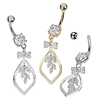 316L Surgical Steel White CZ Bow & Vine Dangle Belly Ring