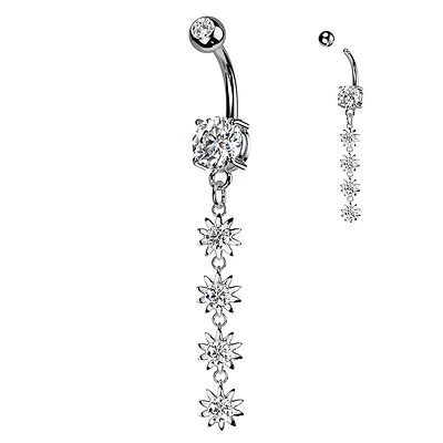 316L Surgical Steel White CZ Gem Long Flower Dangly Belly Ring