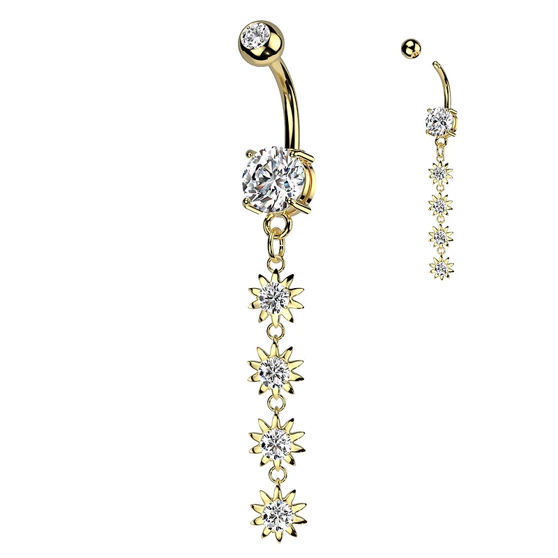 316L Surgical Steel Gold PVD White CZ Gem Long Flower Dangly Belly Ring