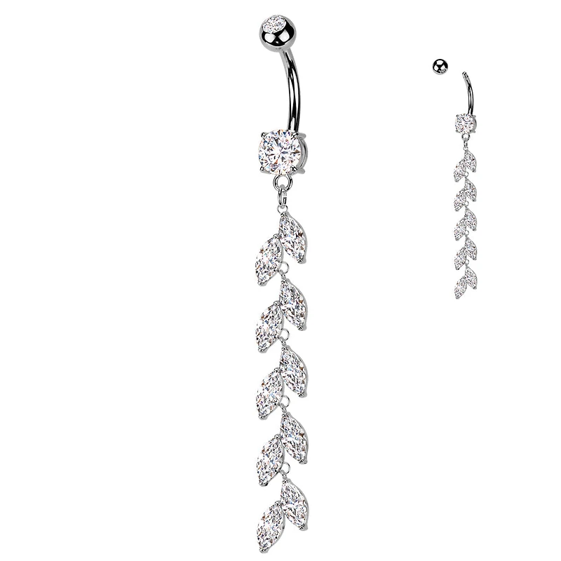 316L Surgical Steel Long White CZ Vine Dangle Belly Ring
