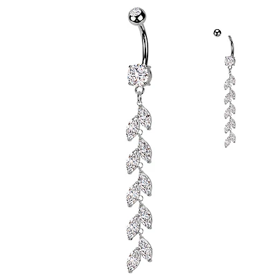 316L Surgical Steel Long White CZ Vine Dangle Belly Ring