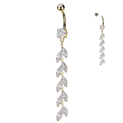 316L Surgical Steel Gold PVD Long White CZ Vine Dangle Belly Ring