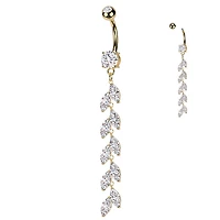 316L Surgical Steel Gold PVD Long White CZ Vine Dangle Belly Ring