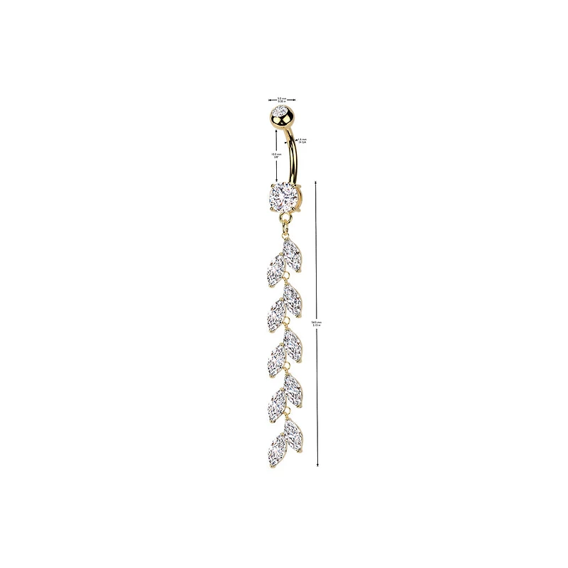 316L Surgical Steel Long White CZ Vine Dangle Belly Ring