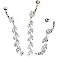 316L Surgical Steel Long White CZ Vine Dangle Belly Ring
