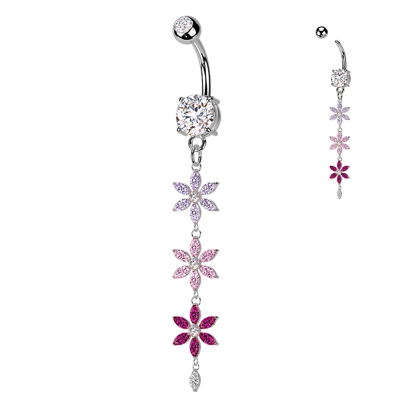316L Surgical Steel Purple Pink & Red CZ Gem Flower Dangle Belly Ring