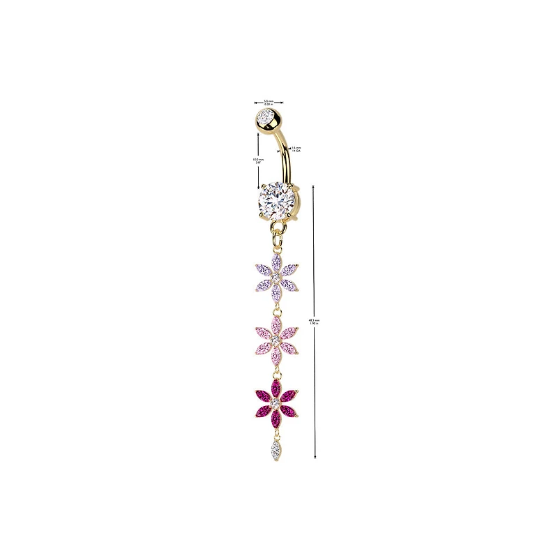 316L Surgical Steel Purple Pink & Red CZ Gem Flower Dangle Belly Ring