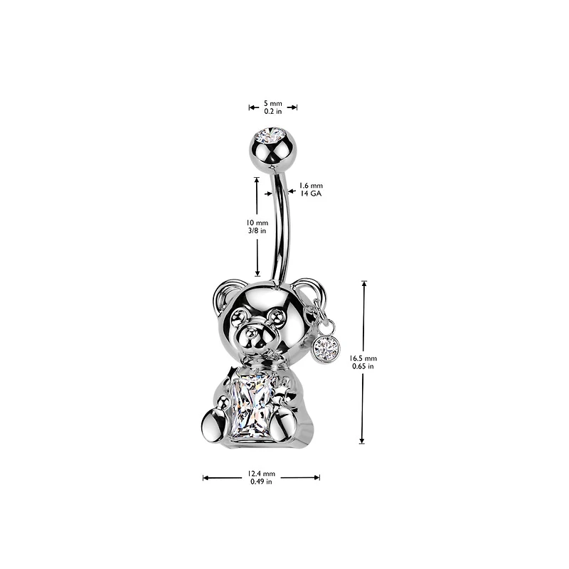 316L Surgical Steel White CZ Clawed Teddy Bear Belly Ring