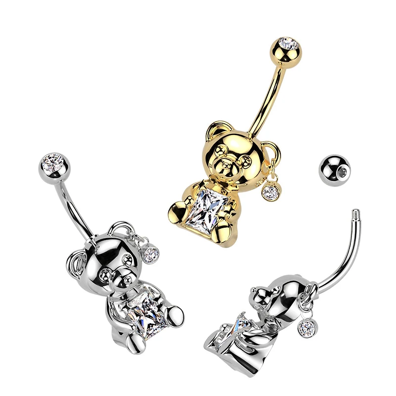 316L Surgical Steel White CZ Clawed Teddy Bear Belly Ring