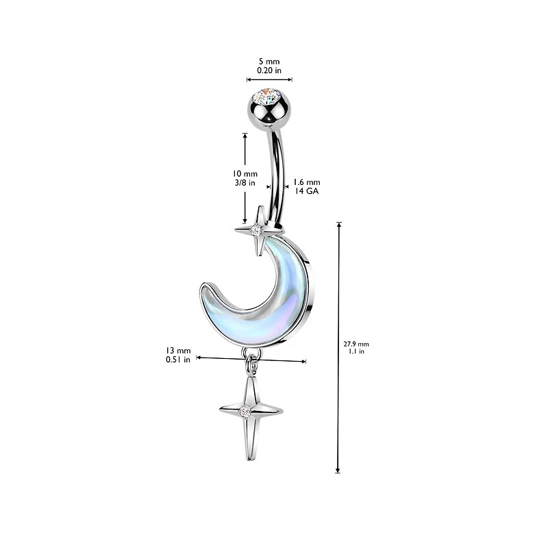 316L Surgical Steel Iridescent White CZ Crescent Moon Dangle Belly Ring