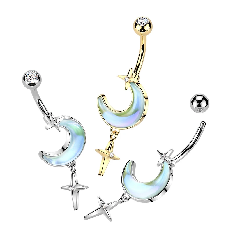 316L Surgical Steel Iridescent White CZ Crescent Moon Dangle Belly Ring
