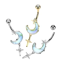 316L Surgical Steel Iridescent White CZ Crescent Moon Dangle Belly Ring