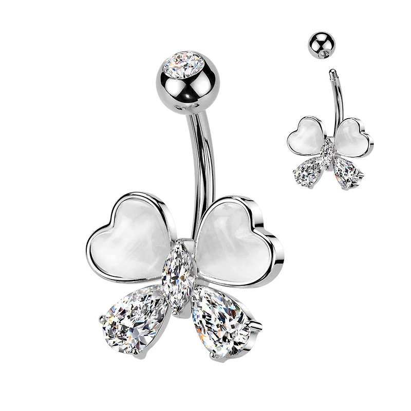 316L Surgical Steel White CZ & Stone Bow Non Dangle Belly Ring