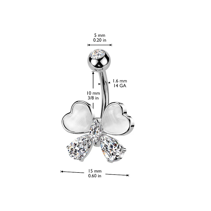 316L Surgical Steel Gold PVD White CZ & Stone Bow Non Dangle Belly Ring