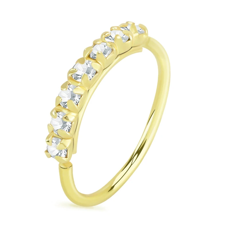 925 Sterling Silver Gold PVD Dainty White CZ Gem Pave Bend Open Nose Hoop
