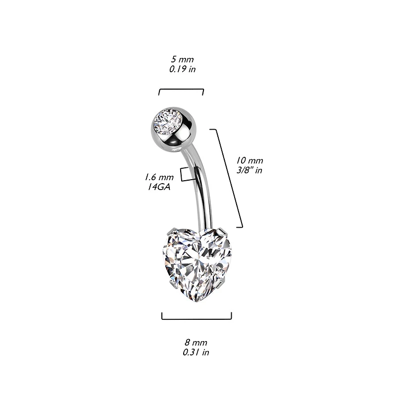 316L Surgical Steel Rose Gold PVD White CZ Heart Shaped Non Dangle Belly Ring