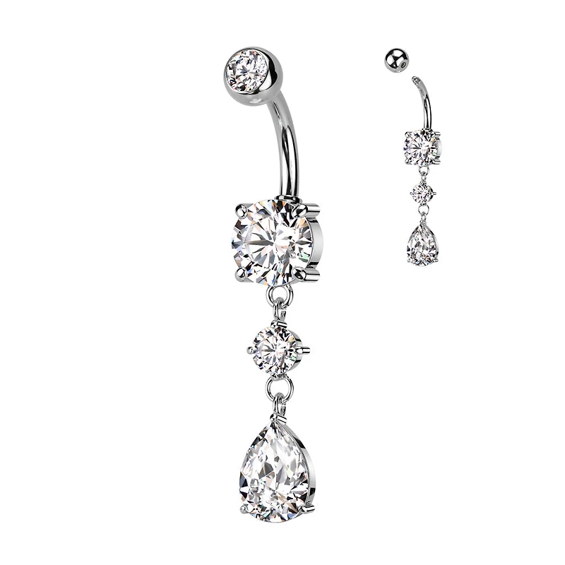 316L Surgical Steel White CZ Circle Teardrop Dangle Belly Ring