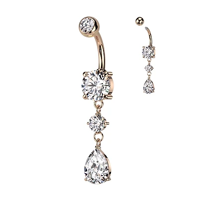 316L Surgical Steel Rose Gold PVD White CZ Circle Teardrop Dangle Belly Ring