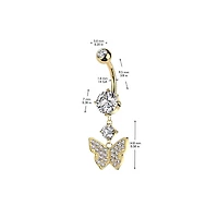 316L Surgical Steel White CZ Gem Butterfly Dangle Belly Ring