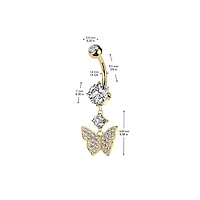 316L Surgical Steel Gold PVD White CZ Gem Butterfly Dangle Belly Ring