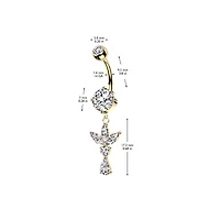316L Surgical Steel Rose Gold PVD White CZ Lotus With Teardrop Dangle Belly Ring