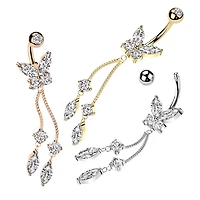 316L Surgical Steel Gold PVD White CZ Butterfly With Long Chain Marquise CZ Dangle Belly Ring