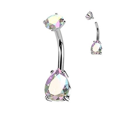 316L Surgical Steel Aurora Borealis CZ Teardrop Internally Threaded Belly Ring