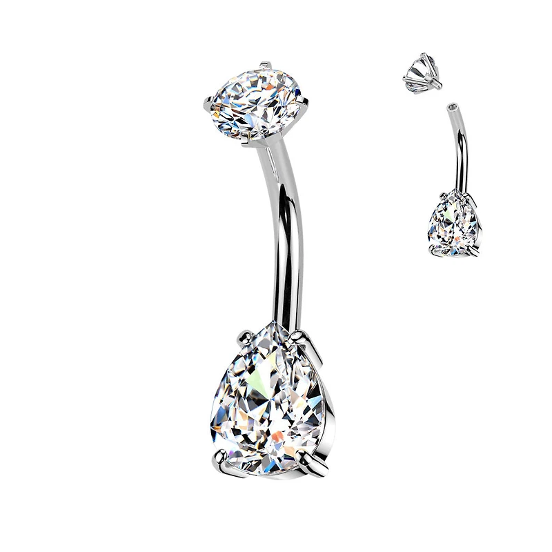 316L Surgical Steel White CZ Teardrop Internally Threaded Belly Ring