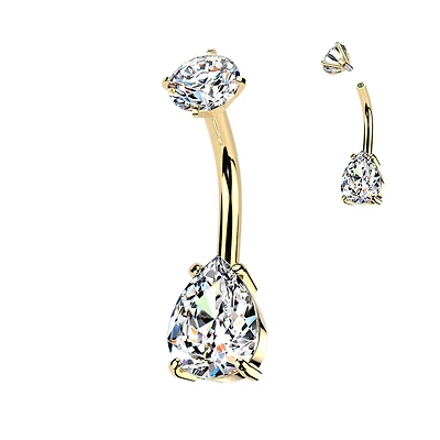 316L Surgical Steel Gold PVD White CZ Teardrop Internally Threaded Belly Ring