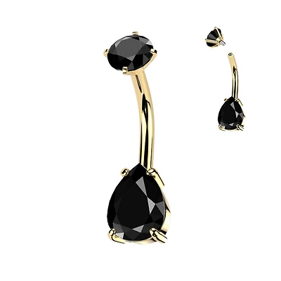 316L Surgical Steel Gold PVD Black CZ Teardrop Internally Threaded Belly Ring