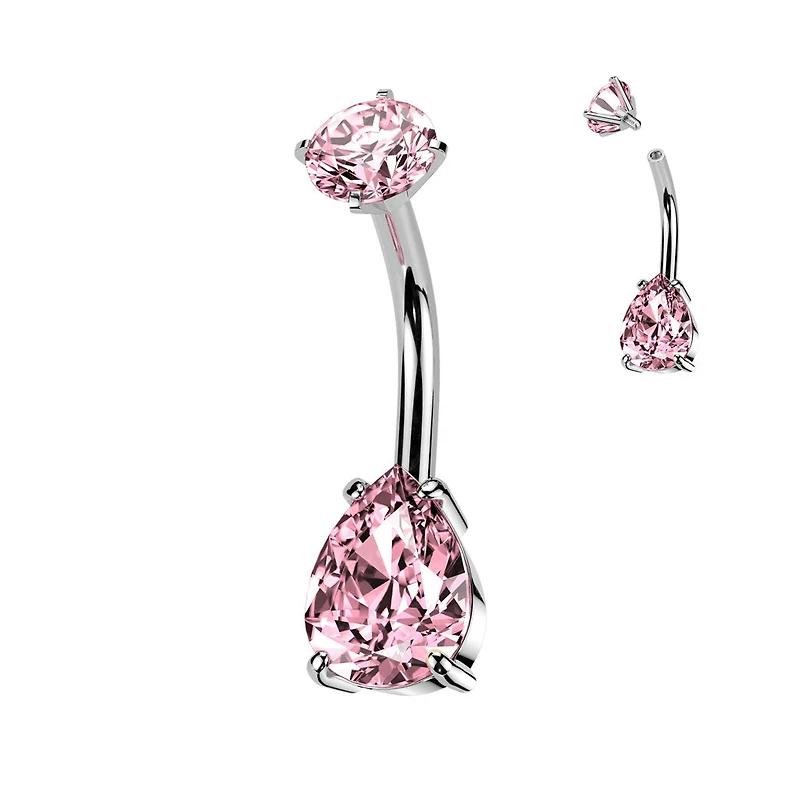 316L Surgical Steel Pink CZ Teardrop Internally Threaded Belly Ring