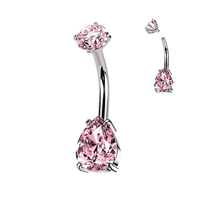 316L Surgical Steel Pink CZ Teardrop Internally Threaded Belly Ring