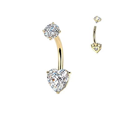316L Surgical Steel Gold PVD Heart Shaped Dainty White CZ Internally Threaded Belly Ring