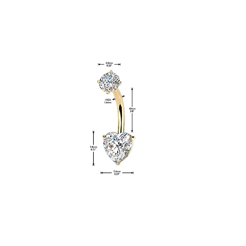 316L Surgical Steel Gold PVD Heart Shaped Dainty White CZ Internally Threaded Belly Ring