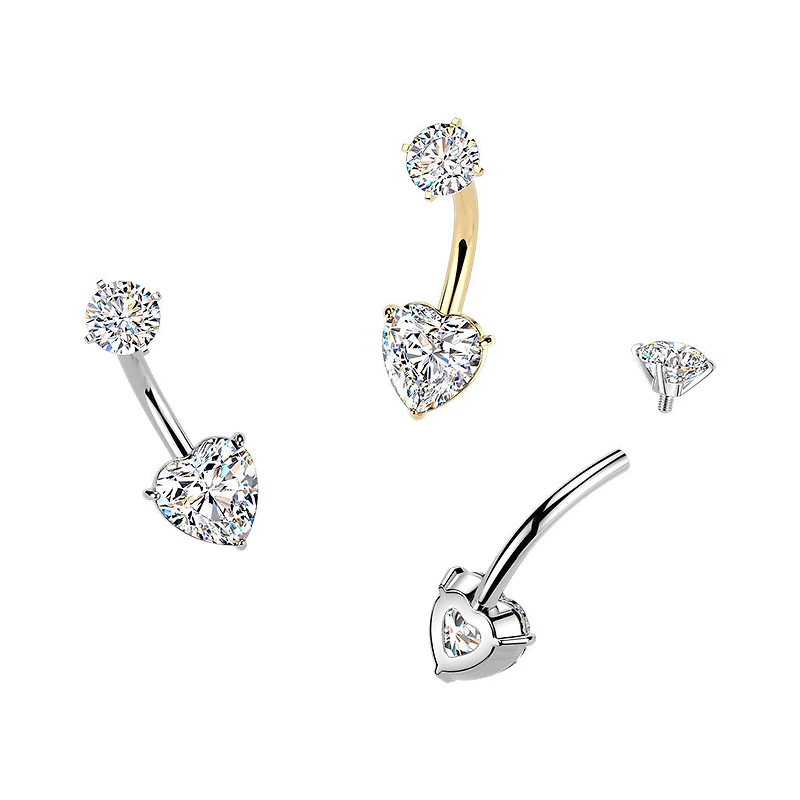316L Surgical Steel Heart Shaped Dainty White CZ Internally Threaded Belly Ring