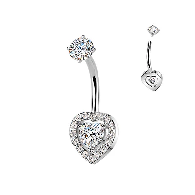 316L Surgical Steel Heart Shape Gem White CZ Internally Threaded Belly Ring