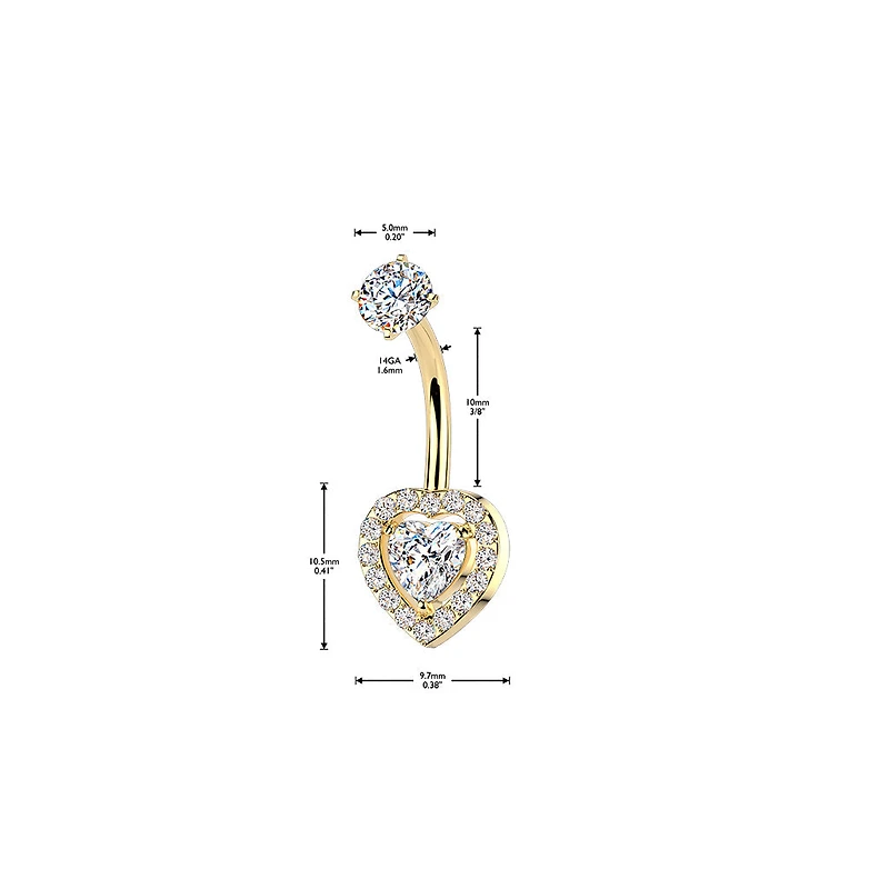 316L Surgical Steel Gold PVD Heart Shape Gem White CZ Internally Threaded Belly Ring