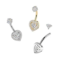 316L Surgical Steel Gold PVD Heart Shape Gem White CZ Internally Threaded Belly Ring