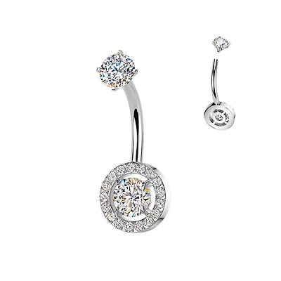 316L Surgical Steel White CZ Circle Pave Gem Internally Threaded Belly Ring