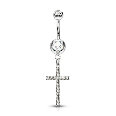 316L Surgical Steel White CZ Thin Cross Dangly Belly Ring